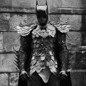 Batman in an armored suit resembling scale mail