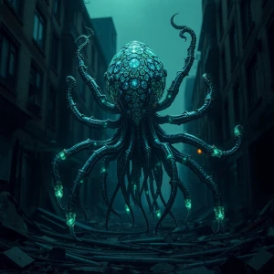 In the eerie shadows of a dilapidated cityscape, a grotesquely b...