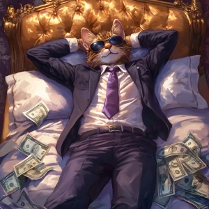Create an image of a humanoid cat character lying on a luxurious...