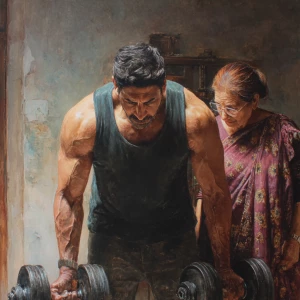 Hyperrealism painting,A muscular beefy sweaty kashmiri man doin...