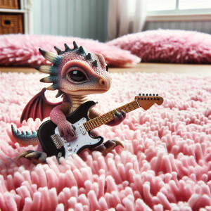 A baby dragon playing the electric guitar on a pink shag carpet.