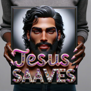 A 3D realistic artwork featuring the phrase 'Jesus Saves' adorne...