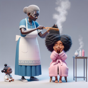 Create a realistic 3-D image of an african-American grandmother wearing a blue house dress and a white apron . She is in the kitchen with her african-American granddaughter. Her granddaughter is wearing a pink bath robe. The grandmother has a hot comb in her hand and she is straightening her granddaughters hair. One side of her granddaughters hair is in  a Afro the other straight 
There is smoke coming from the hot comb
The granddaughter is making a face