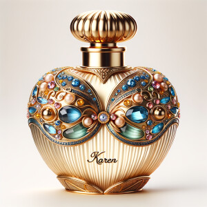 Create a 3-D realistic blue and gold, colorful jewels perfume b...