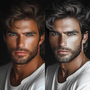 Create a before and after image depicting rags to riches using a...