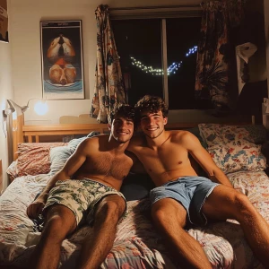 Tan frat bros cuddling in dorm