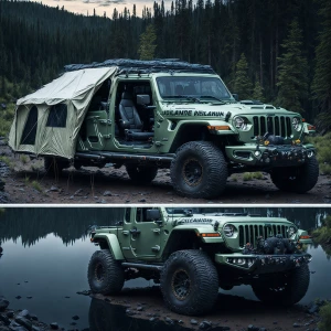 A rugged, beefed-up Jeep Gladiator equipped for off-road with an overland tent set up, housing a 60-year-old man camping beside a serene lake in a dense woodland.