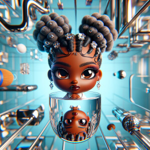 Bird’s-eye view, realistic digital art of a glamorous peeking ey...