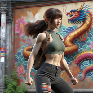 Athletic Thin skinny Attractive, Asian teenage girl, long brown hair and bangs, wearing tight skinny jeans and a halter top paint marks on her clothing, heroic pose Asian graffiti background, backside view