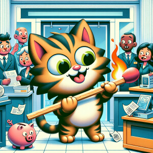 A mischievous cartoon kitten with a comically oversized matchsti...