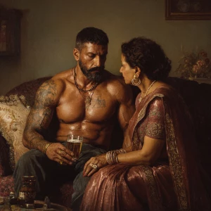 Realism,painting.a muscular beefy sweaty tattoed indian man sitt...