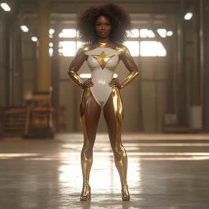 Capture a wide camera angle of a superheroine standing in an emp...