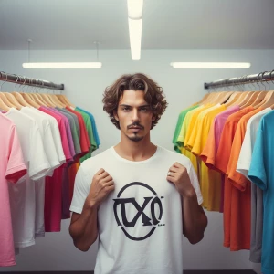 Create an image of a man wearing a T-shirt from the Luxefit fash...