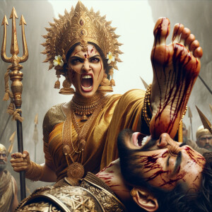 portrait of angry looking, indian goddess trampling a defeated mahishasur with her foot, while he is lying on the ground, she has a trident in her hand. She is wearing gold armor, a huge gold crown, gold saree, abundant  gold jewelry, covered in blood. The scene is set in ancient India. The image is 8K resolution, cinematic, photography, ultra detailed face and epic.