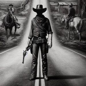 An old west cowboy standing in the middle of the road, in the m...