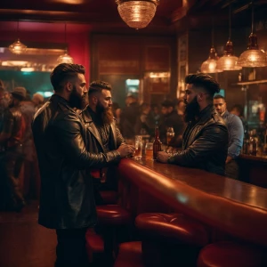 A vibrant gay bar interior bustling with muscular bearded men we...