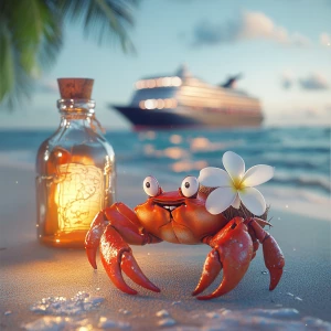 Cute, cartoon female red crab with coconut shell on her back, wh...