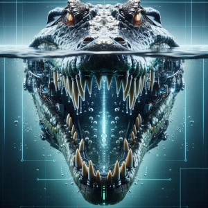 Ultra-realistic, dramatic frontal view of a massive crocodile with its jaws wide open, revealing rows of razor-sharp teeth. The camera is half-submerged, perfectly splitting the image—above the waterline, the crocodile’s intense, piercing eyes stare directly ahead, with water droplets on its rough, scaly skin. Below the waterline, its powerful open mouth is fully visible, showing sharp teeth and a dark throat, with tiny air bubbles escaping. The waterline is sharply defined, creating a split view of the murky underwater world and the bright, natural riverbank scenery above. Sunlight refracts through the water, casting a cinematic glow. Highly detailed, National Geographic photography style, 8K resolution, hyper-realistic textures, dramatic lighting, intense and suspenseful atmosphere."