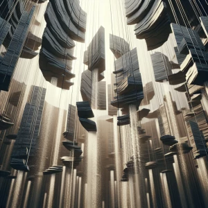 Visualizes a floating  segments of fountain cascading hanging de...