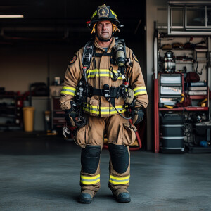 full body picture of a firefighter wearing all of their gear and...
