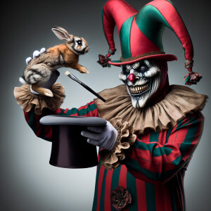 A scary clown shows magic tricks. I periodically appear in the p...