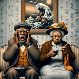 Digital art, a stylized African-American elderly couple wearing...