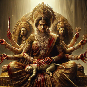 portrait of angry looking, four-armed indian goddess sitting on...