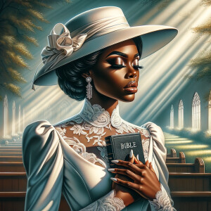 Render an airbrush oil painting of an African American woman with flawless makeup in a
contemplative pose, holding a Bible close to her heart, dressed in an elegant Sunday Best
outfit with a distinctive Church Hat. The background features a peaceful church garden,
with light filtering through the trees, highlighting her spiritual connection and the personal
moment of reflection. The artwork should capture the tranquility of the scene, the beauty
of her attire, and the depth of her contemplation, reflecting a serene and spiritually