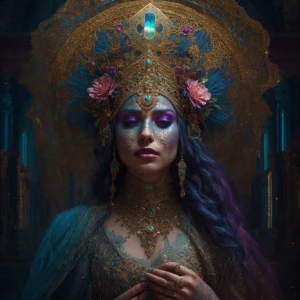 A luminously decaying Neo-Victorian priestess, draped in tattere...