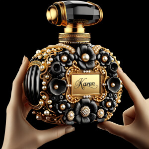 Design a fancy, black and gold bottle of perfume in the shape of a woman’s body. With a golden diamond top, flowers pearls and Diamonds in the name, Karen