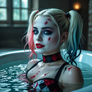 Harley Quinn taking a relaxing bath.