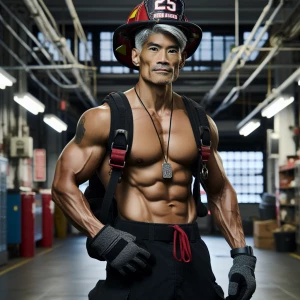 A muscular gray-haired firefighter poses heroically in a fire st...