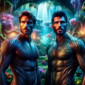 Create an image of two muscular, 30-year-old Italian with beards...