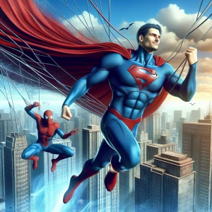 "Create an image of Superman flying next to Spiderman. Superman...