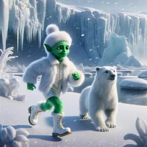 young grinch runs next to a polar bear cub in a snowstorm in the...