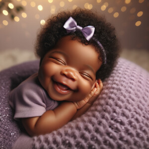 An adorable African American baby with a joyful expression, sleeping soundly and smiling. The baby has curly black hair adorned with a purple bow, and is wearing a snug, short-sleeved purple onesie. The baby rests on a soft, lavender blanket that provides a cozy atmosphere. In the background, there is a gentle bokeh effect with warm, glowing lights, evoking a peaceful and dreamy scene.