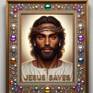 "Create a 3D realistic artwork featuring the phrase 'Jesus Saves...