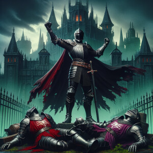 Black knight in front of undead castle in a victory pose with defeated red and purple knights laying on the ground