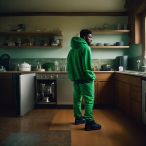 Full body brown skinned thug wearing a medium bright green hoodi...