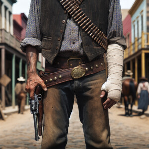 An old west cowboy standing in the middle of the road, in the m...