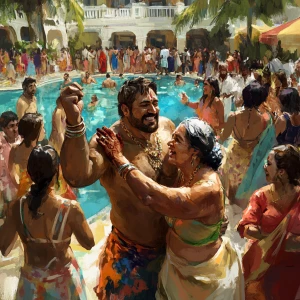 Create a digital artwork depicting a bustling summer pool party...