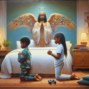 An oil painting of two African-American children with dark skin,...