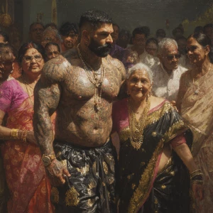 Hyperrealistic oil painting .a muscular beefy sweaty tattoed ind...