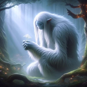 A huge, white-haired, gentle mythical creature sits in a misty,...