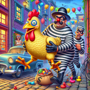 In a brightly colored, cartoonish alleyway, two bumbling thieves...