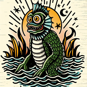 Cartoonish creature black lagoon in an old school tattoo style