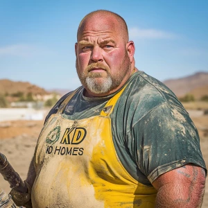 Brian Nobles a real 57 year old obese fat older Caucasian male who is using  a concrete mixer, he is a  pump operator holding the hose which carries the liquid concrete to the foundation pour, Brian is slowly  beginning his transition into his old age, Brian Nobles is beginning to look like a older fat obese man, he has large reflective blue eyes and a wrinkled brow,Brian has a grey beard and is now bald , prominent large protruding round fat obese belly,,thick white goatee beard,decreased muscle mass ,very noticeable male pattern balding hairline, Brian Nobles now has a  prominent receding and thinning male hairline (onset male pattern baldness), slightly fat overweight(Caucasian)wearing tight body conforming  glossy satin shiny green and gold tight fitting body conforming UnderArmour athletic bodysuit,emblazoned with the "KD HOMES" real estate logo, standing confidently in front of a newly completed constructed new KD HOME in Victorville California in a raw desert landscape. Brian has a protruding fat obese muscular physique, large male bulge, fat obese muscular frame , shows a substantial frame with a noticeable mature hairline and expressive eyes. His workman’s  pose should reflect his experience in his trade.