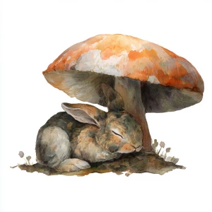 Centered rabbit sleeping peacefully under large mushroom, waterc...