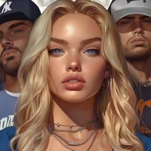 blonde with blue eyes, clear large oval plump elongated face, bi...