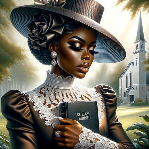 Render an airbrush oil painting of an African American woman with flawless makeup in a
contemplative pose, holding a Bible close to her heart, dressed in an elegant Sunday Best
outfit with a distinctive Church Hat. The background features a peaceful church garden,
with light filtering through the trees, highlighting her spiritual connection and the personal
moment of reflection. The artwork should capture the tranquility of the scene, the beauty
of her attire, and the depth of her contemplation, reflecting a serene and spiritually